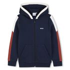 Boys Navy Blue Logo Hooded Zip Up Top, 4, hi-res