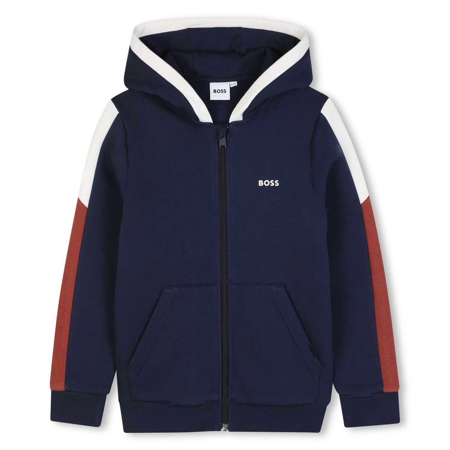 Boys Navy Blue Logo Hooded Zip Up Top, 4, hi-res