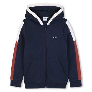 Boys Navy Blue Logo Hooded Zip Up Top