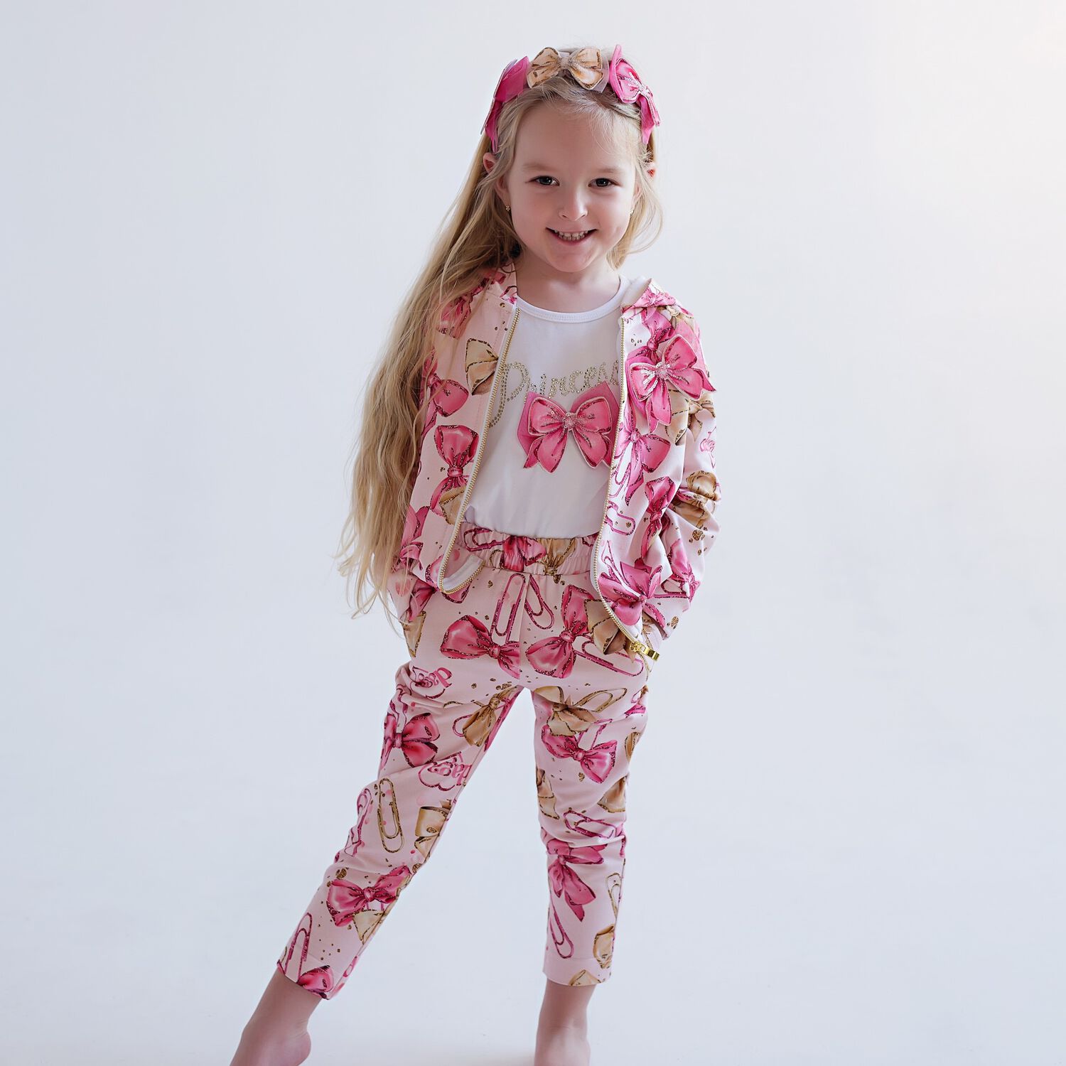 Girls Pink Bow Hooded Zip Up Top, 1, hi-res