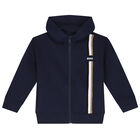 Boys Navy Blue Logo Hooded Zip Up Top, 1, hi-res