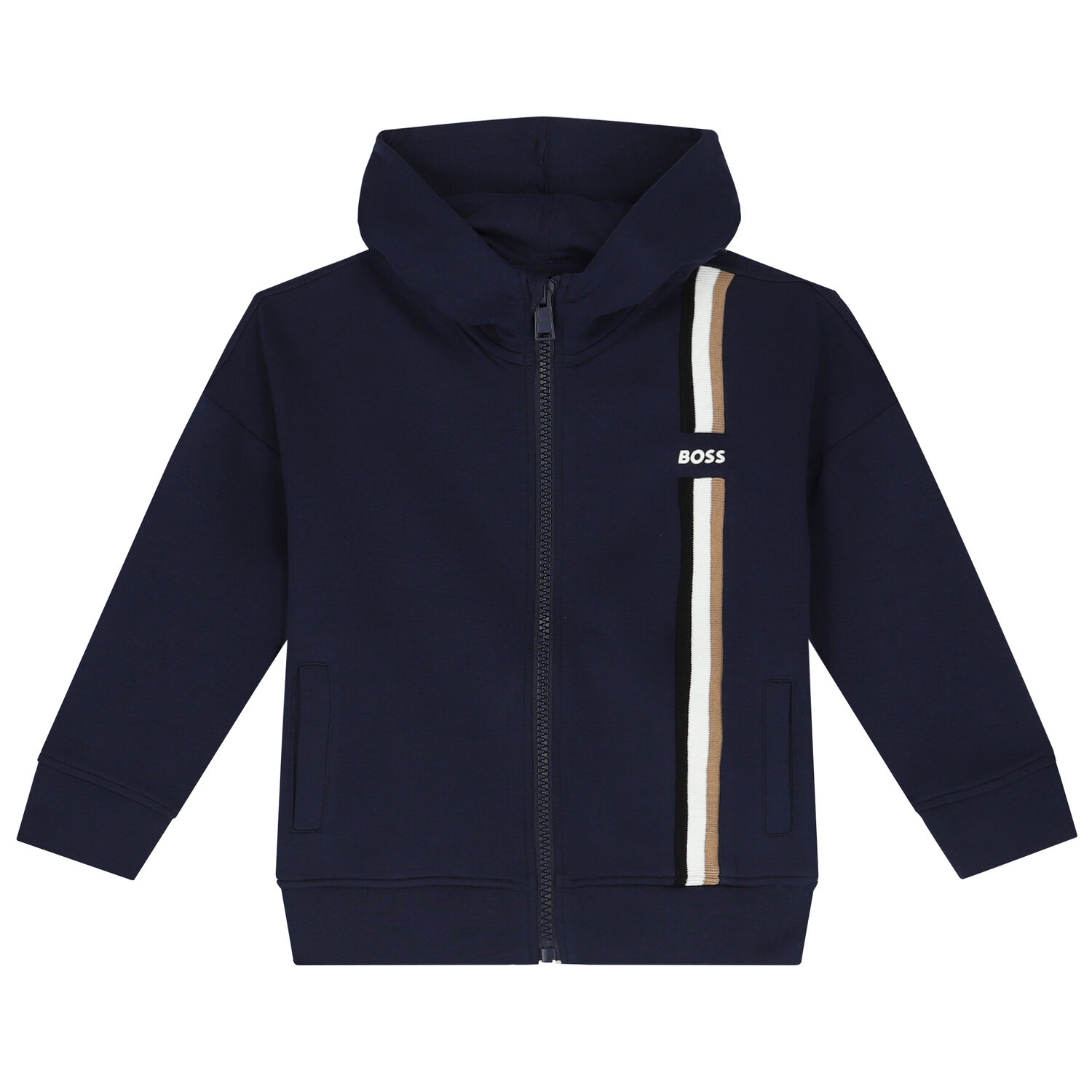 Boys Navy Blue Logo Hooded Zip Up Top, 1, hi-res