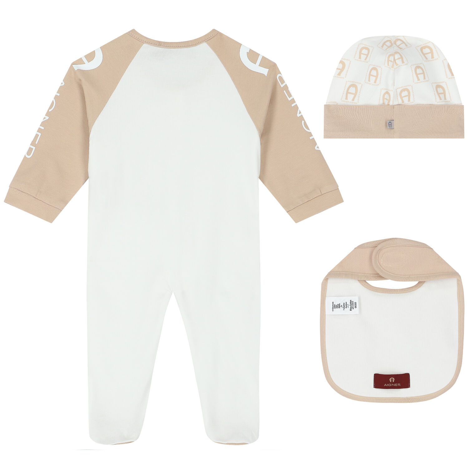 Baby Boys Beige & White Logo Babygrow Set, 1, hi-res