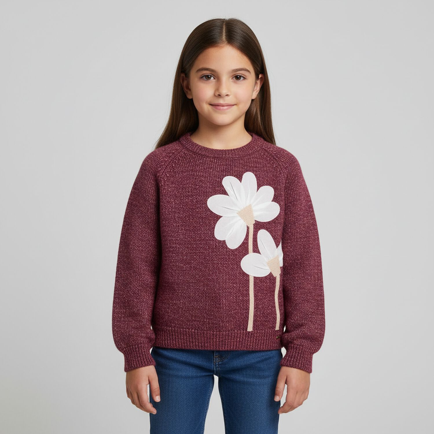 Girls Burgundy Flower Jumper, 1, hi-res image number null