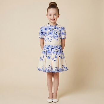 Girls Ivory & Blue Floral Dress