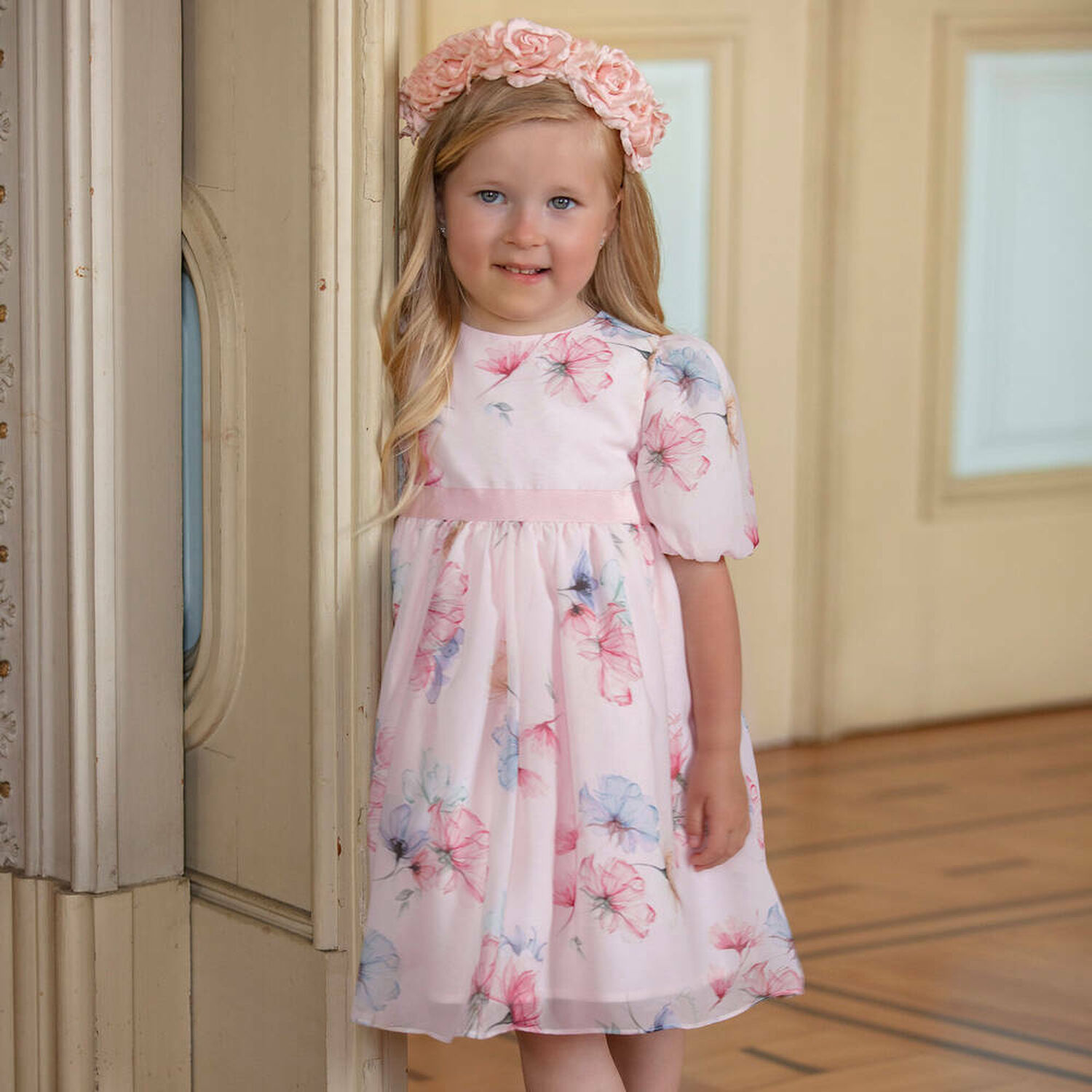 Younger Girls Pink Floral Chiffon Dress, 1, hi-res