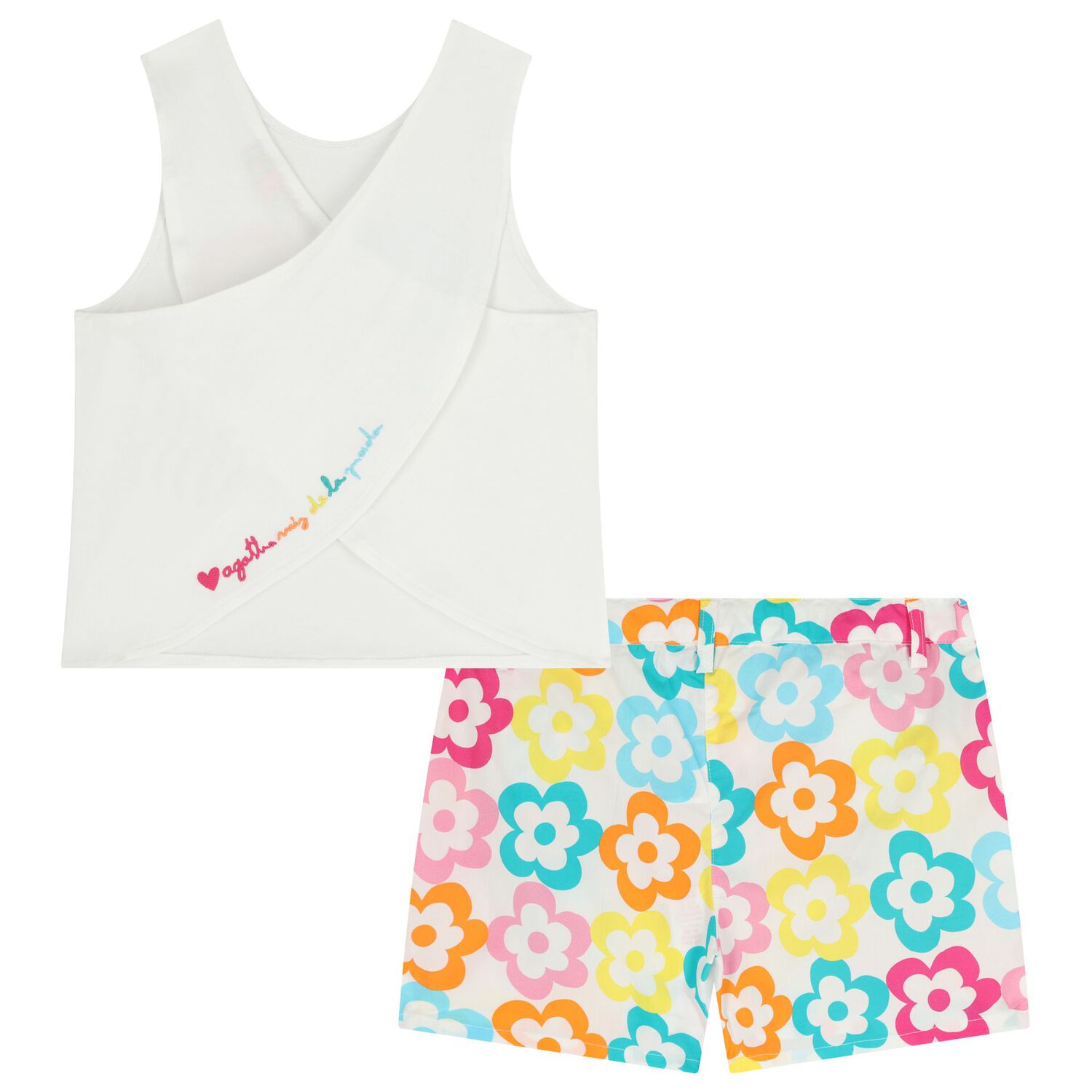 Girls White Flower Shorts Set, 1, hi-res