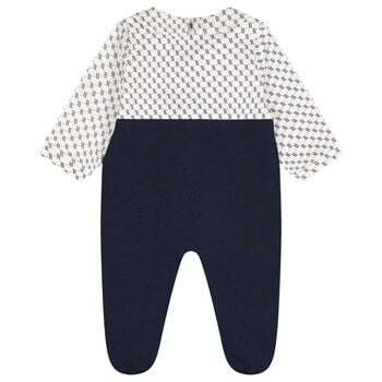 Baby Boys White & Navy Blue Logo Babygrow