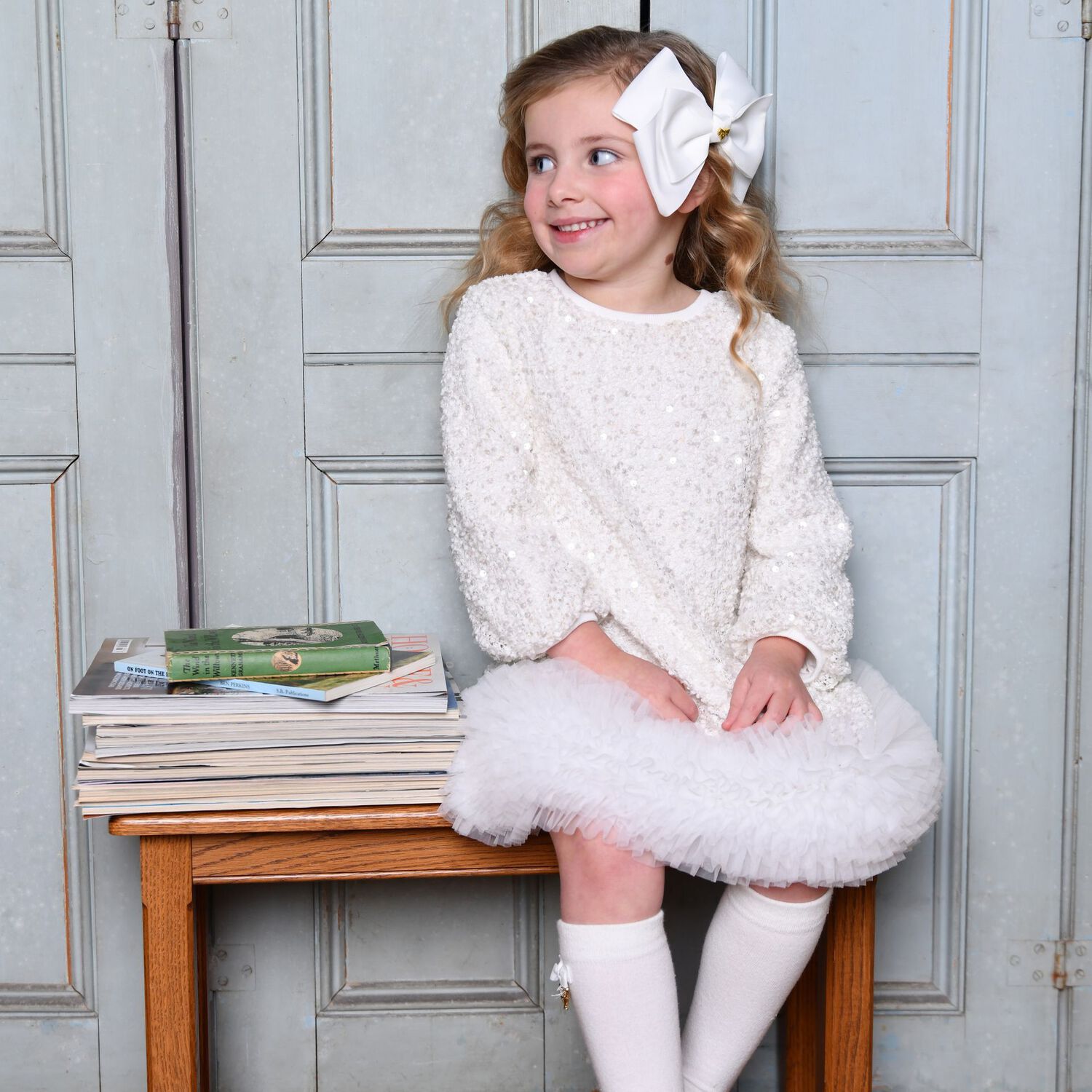 Girls Ivory Sequin Embellished Dress, 1, hi-res