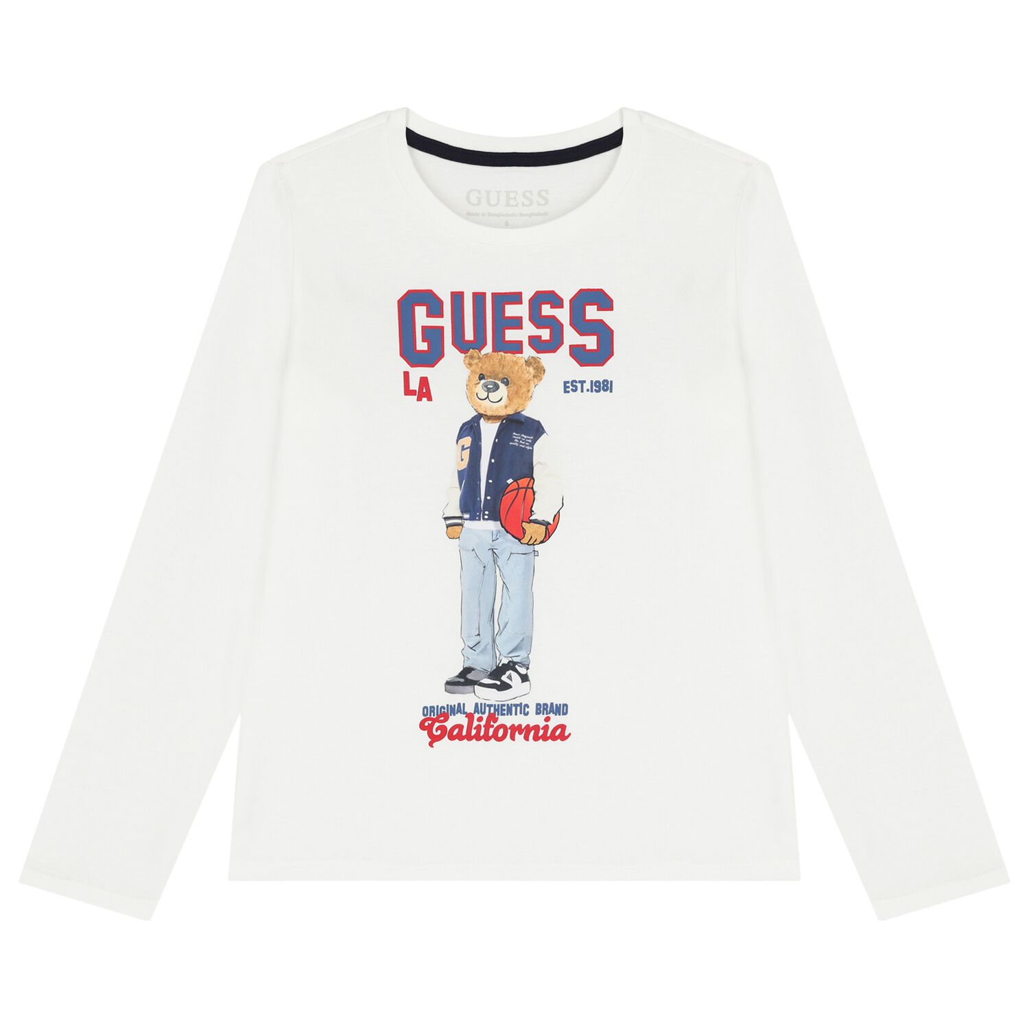 Boys White Teddy Bear Logo Long Sleeve Top, 1, hi-res