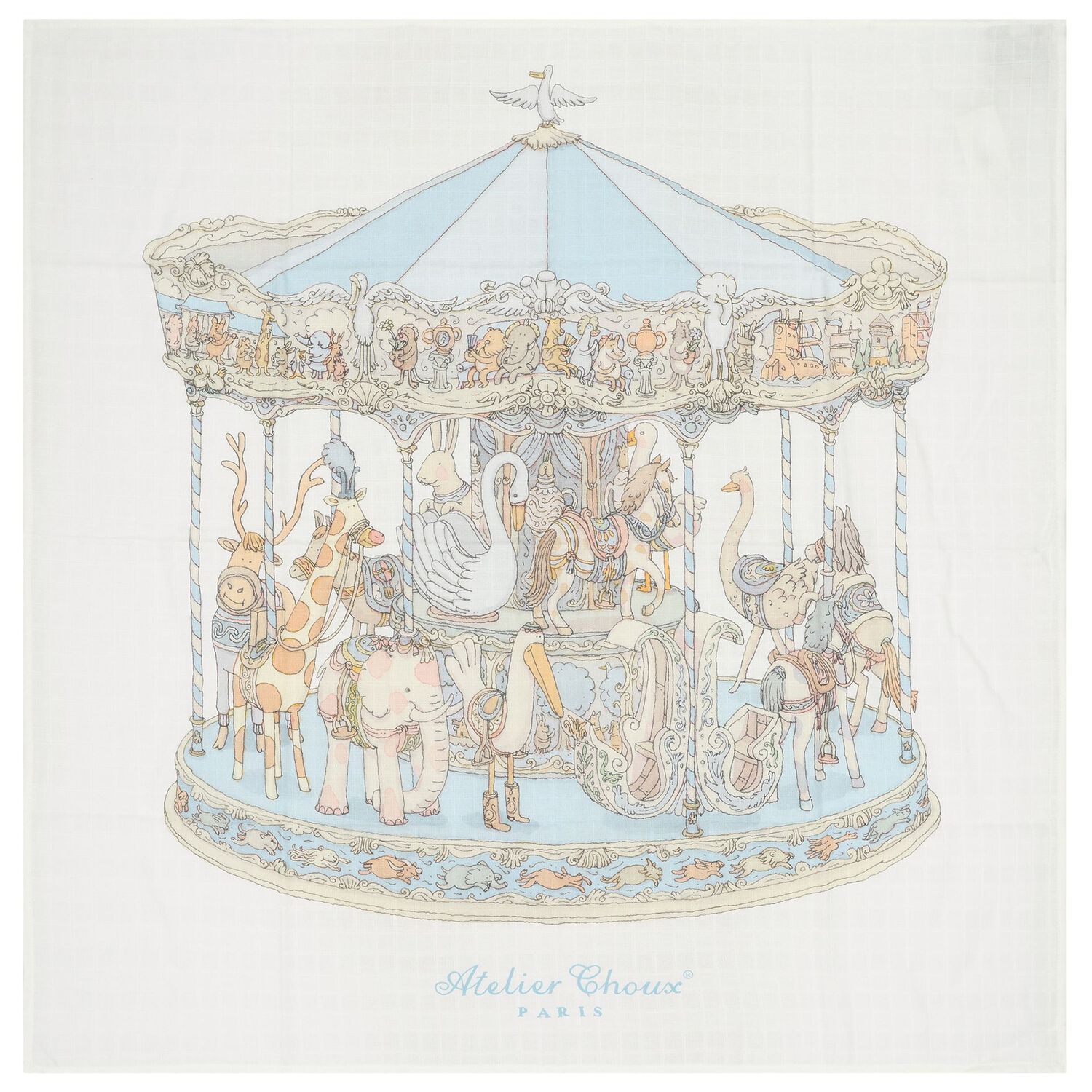 Baby Boys Ivory & Blue Carousel Carr&eacute; Swaddle & Bib Gift Set, 1, hi-res