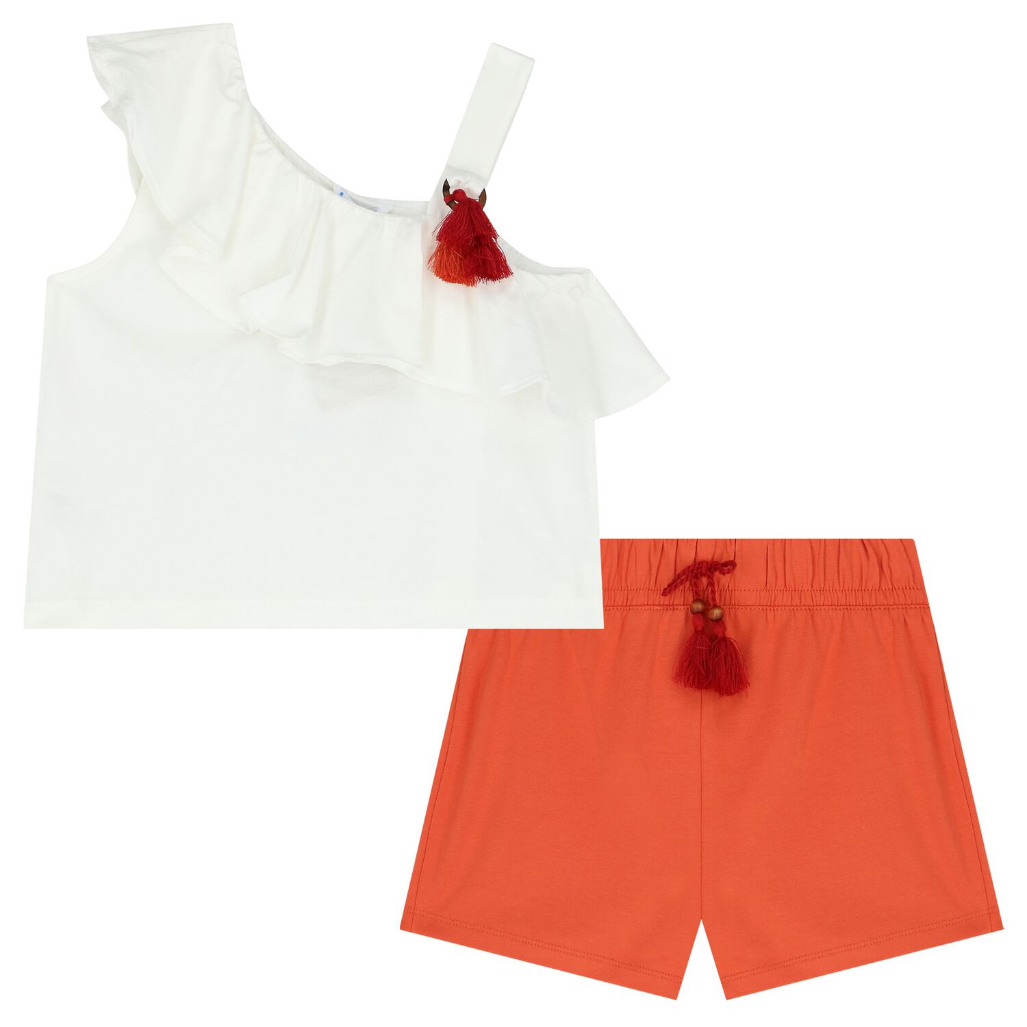 Girls White & Orange Shorts Set, 1, hi-res image number null