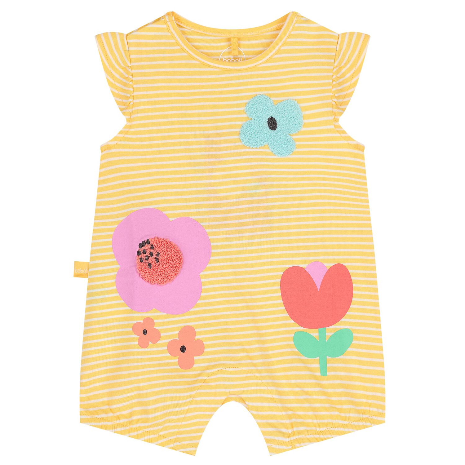 Baby Girls Yellow & White Striped Flower Romper, 1, hi-res