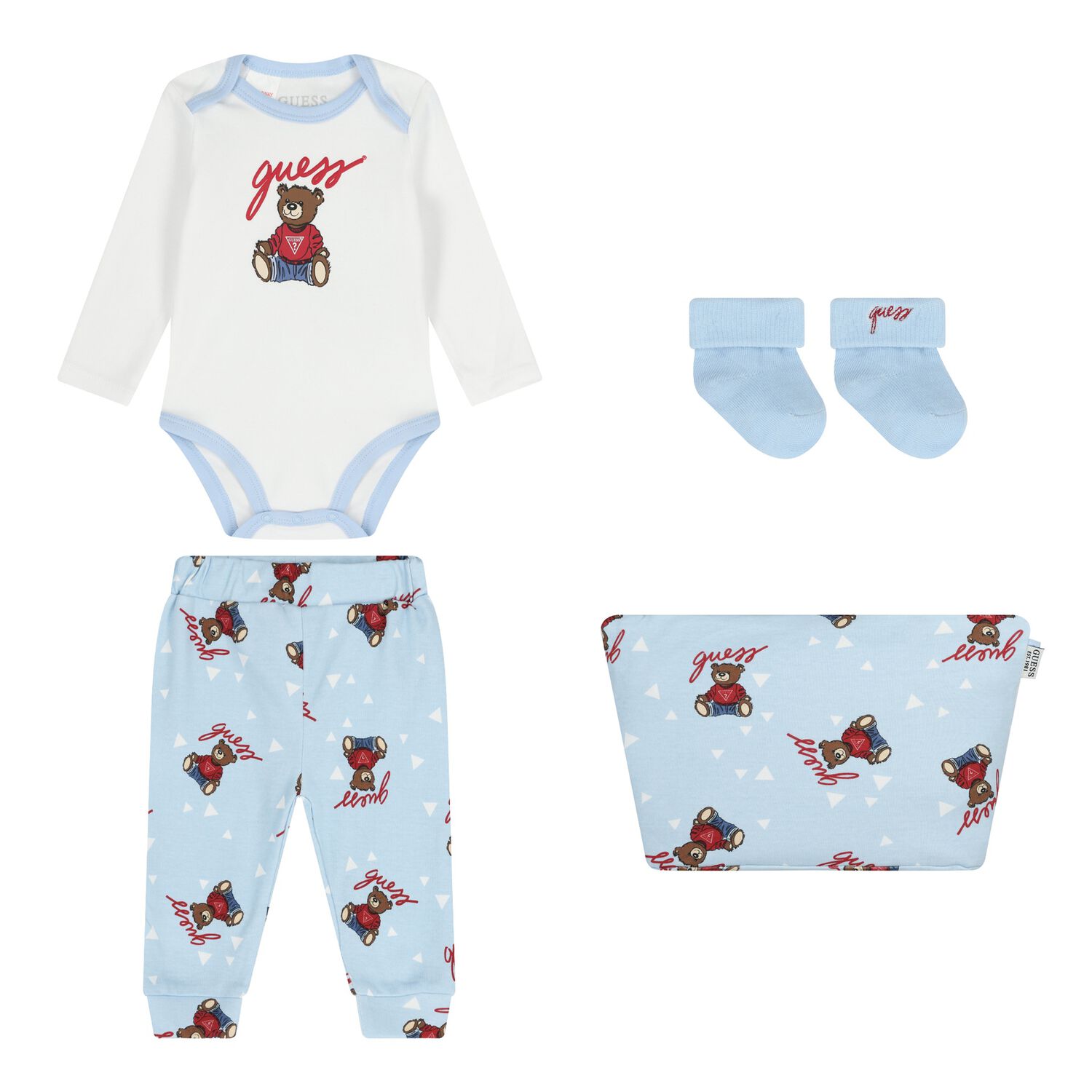 Baby Boys Blue & White Teddy Bear Logo Bodysuit Set, 2, hi-res