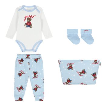 Baby Boys Blue & White Teddy Bear Logo Bodysuit Set