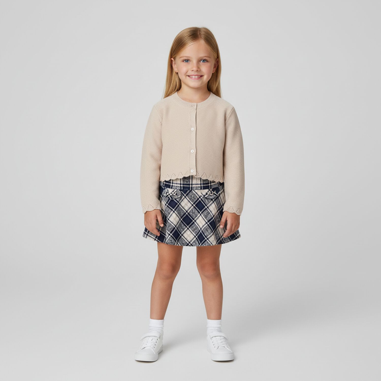 Girls Grey & Blue Check Skirt, 2, hi-res