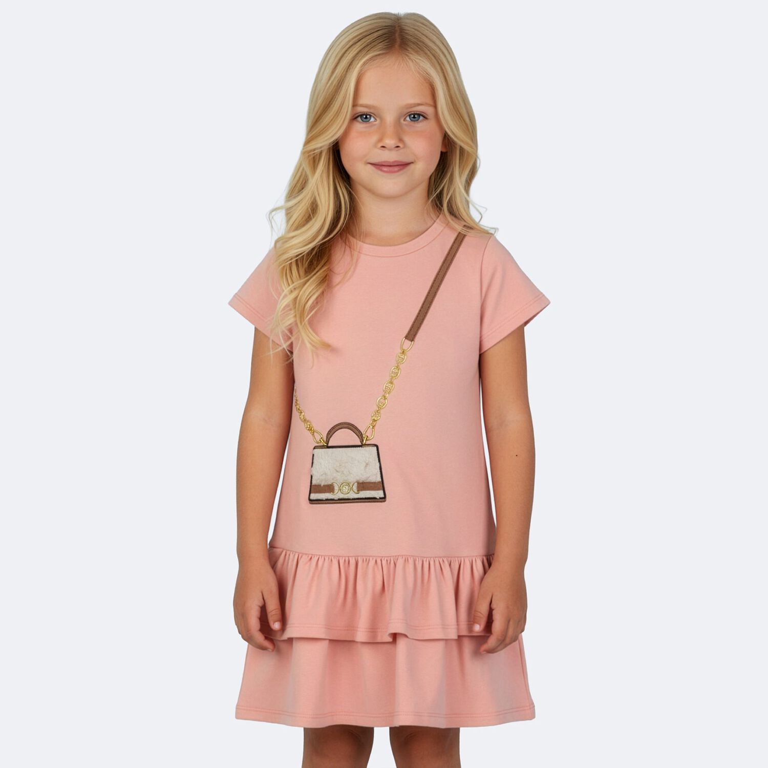 Girls Pink Faux Fur Bag Logo Dress, 3, hi-res