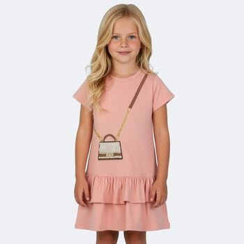 Girls Pink Faux Fur Bag Logo Dress
