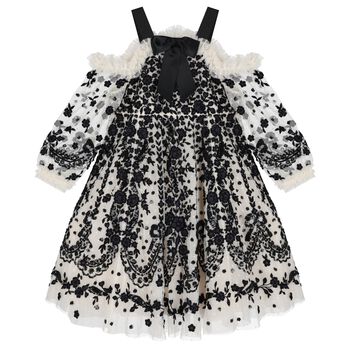 Girls Black & Beige Floral Off-Shoulder Dress