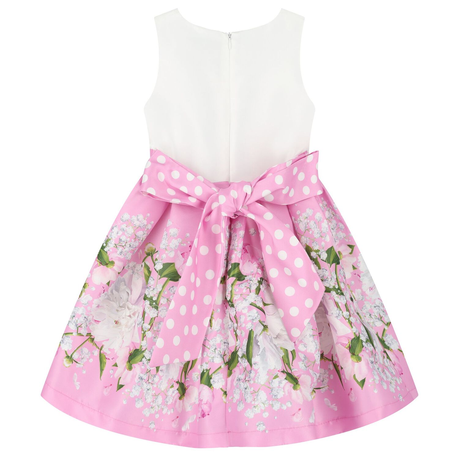 Girls White & Pink Floral Satin Dress, 1, hi-res