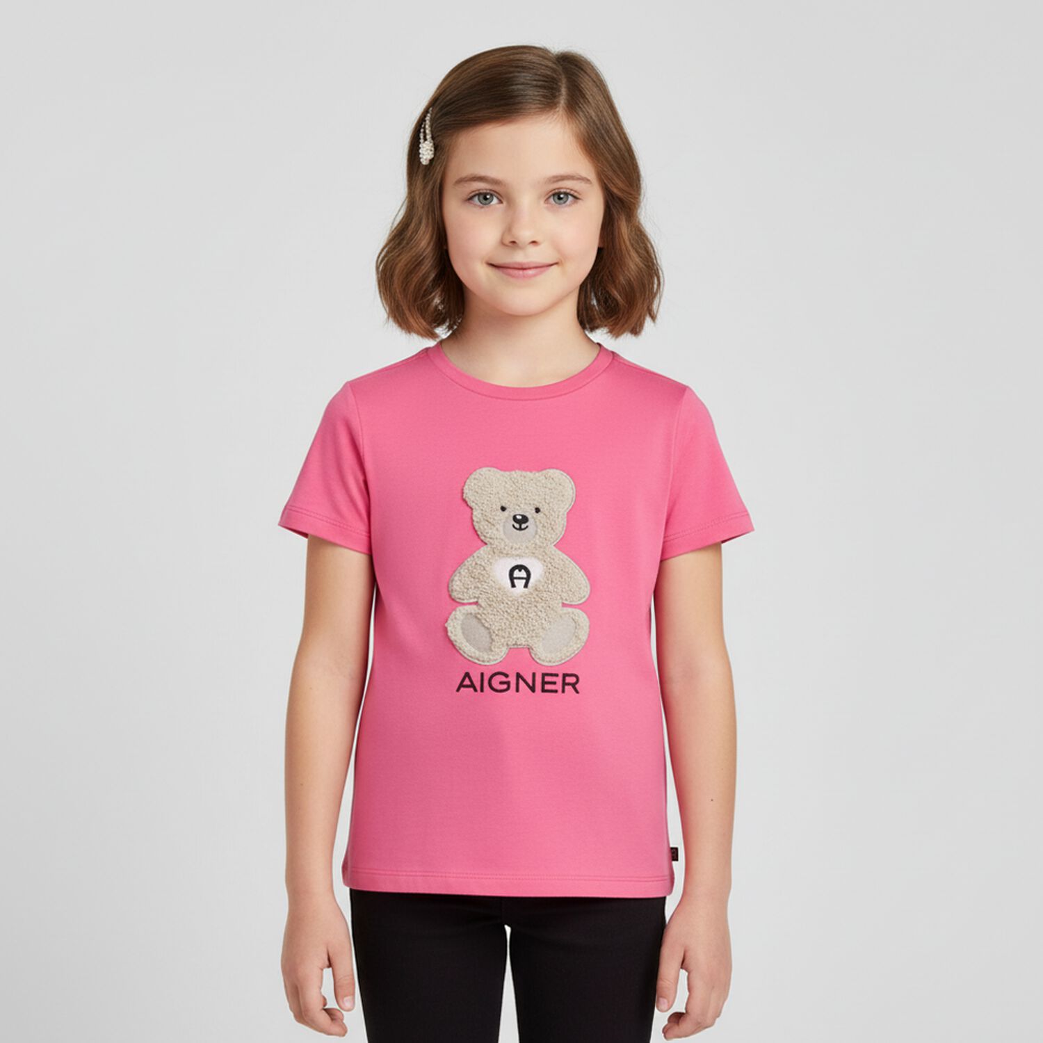 Girls Pink Teddy Bear Logo T-Shirt, 3, hi-res