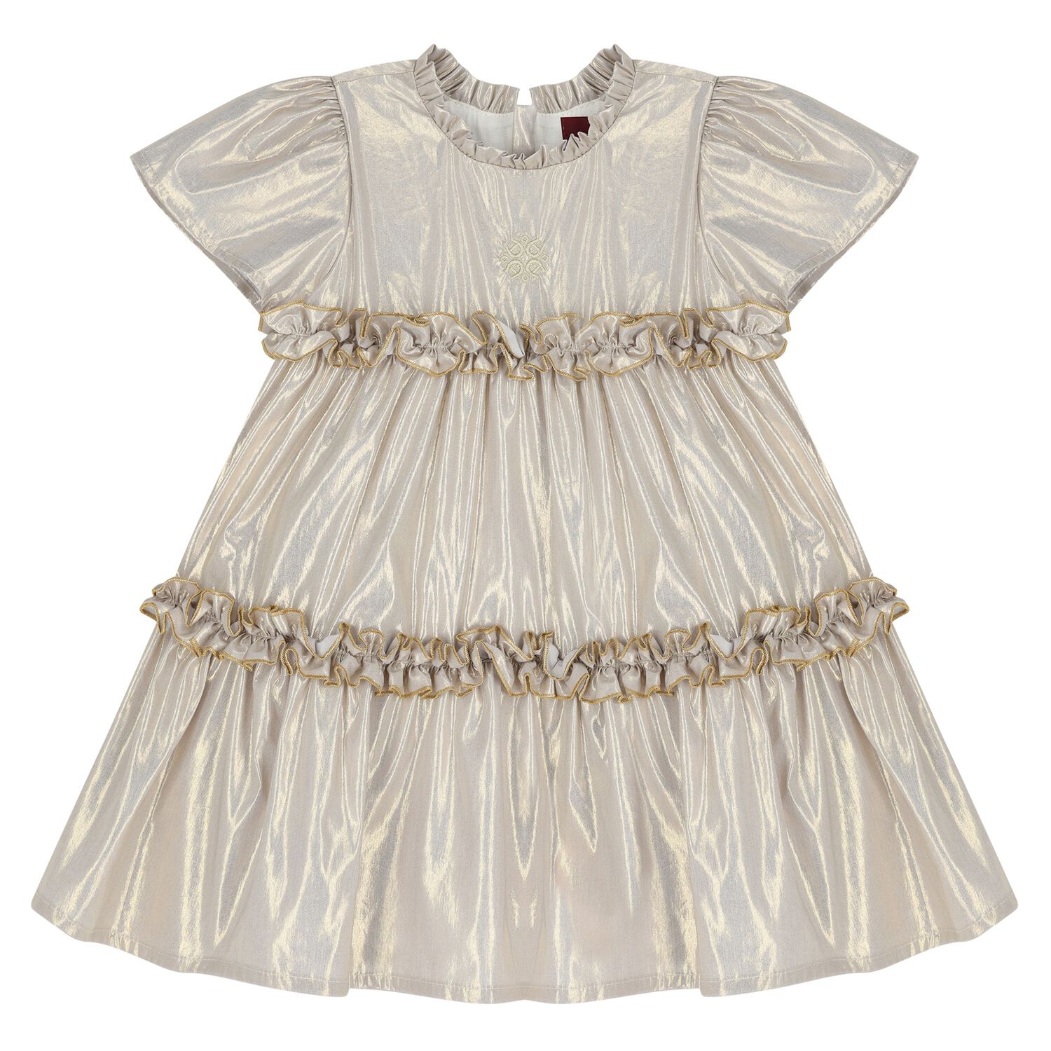 Younger Girls Beige & Gold Logo Ruffled Dress, 1, hi-res