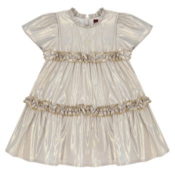 Younger Girls Beige & Gold Logo Ruffled Dress
