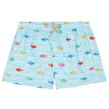 Boys Blue Sharks Print Swim Shorts