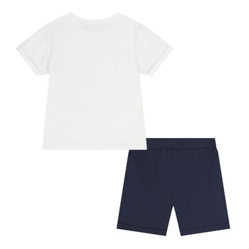 Baby Boys White & Navy Blue Teddy Bear Shorts Set