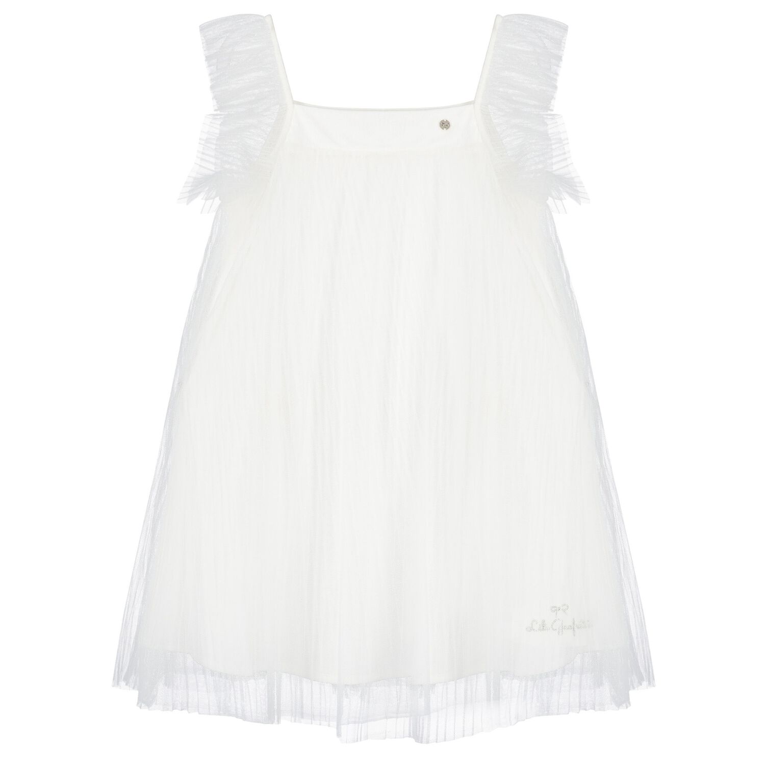 Girls White Pleated Tulle Dress, 1, hi-res image number null