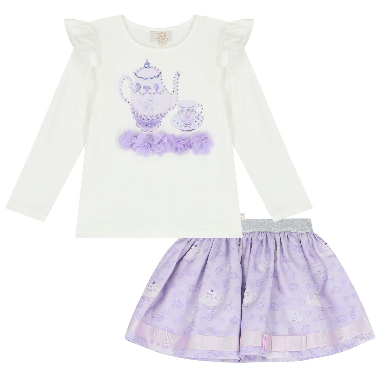 Girls Ivory & Purple Embellished Skirt Set, 3, hi-res