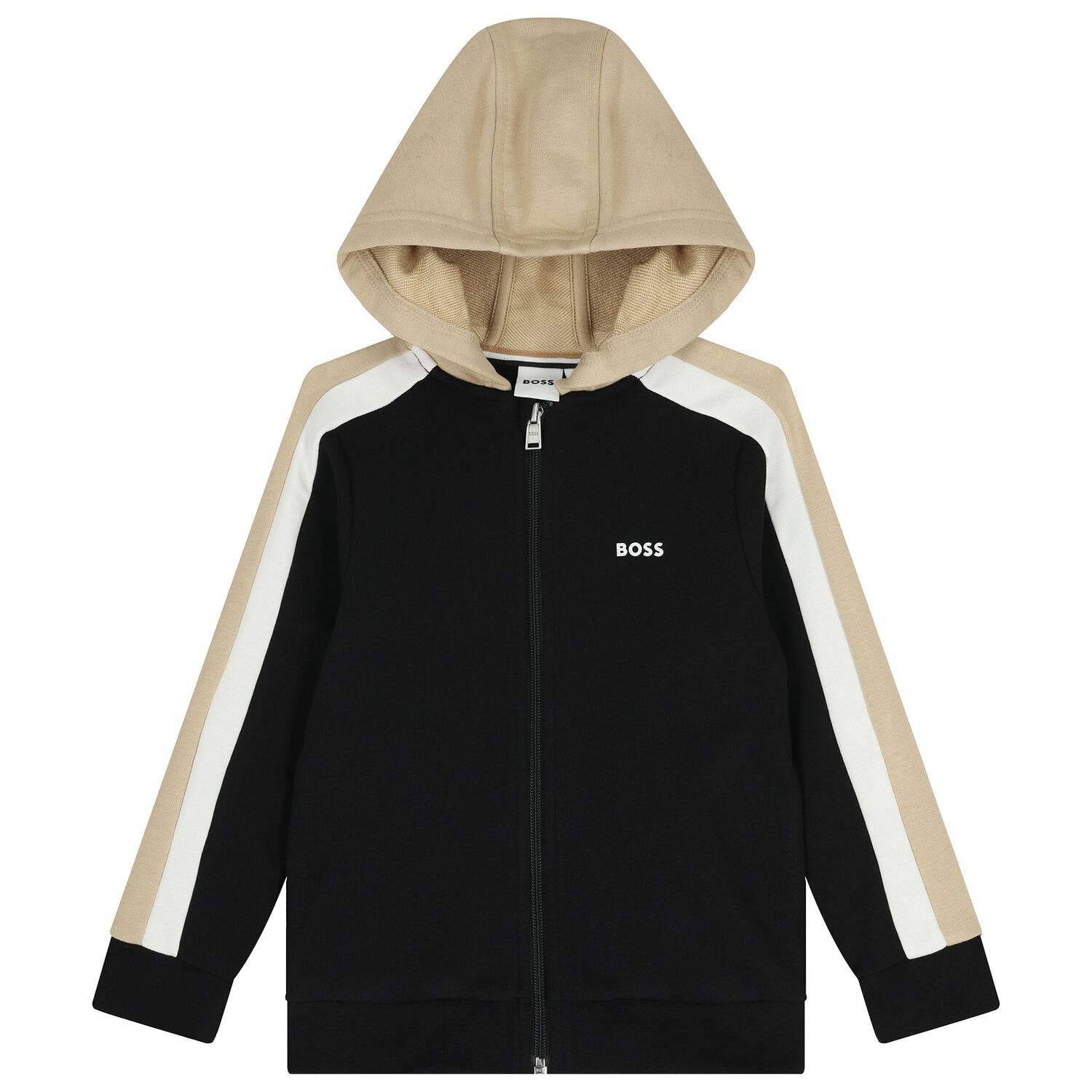 Boys Black Logo Hooded Zip Up Top, 1, hi-res