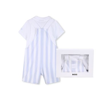 Baby Boys White & Blue Striped Logo Dungaree Set