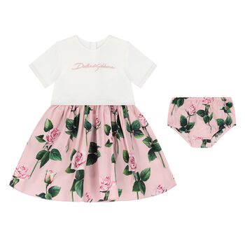 Baby Girls White & Pink Rose Dress Set