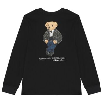 Boys Black Polo Bear Long Sleeve Top