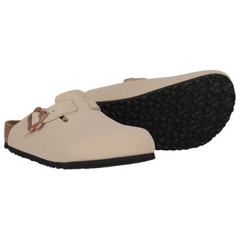 Girls Beige Flower Buckle Leather Clog