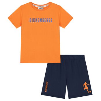 Boys Orange & Navy Blue Logo Shorts Set