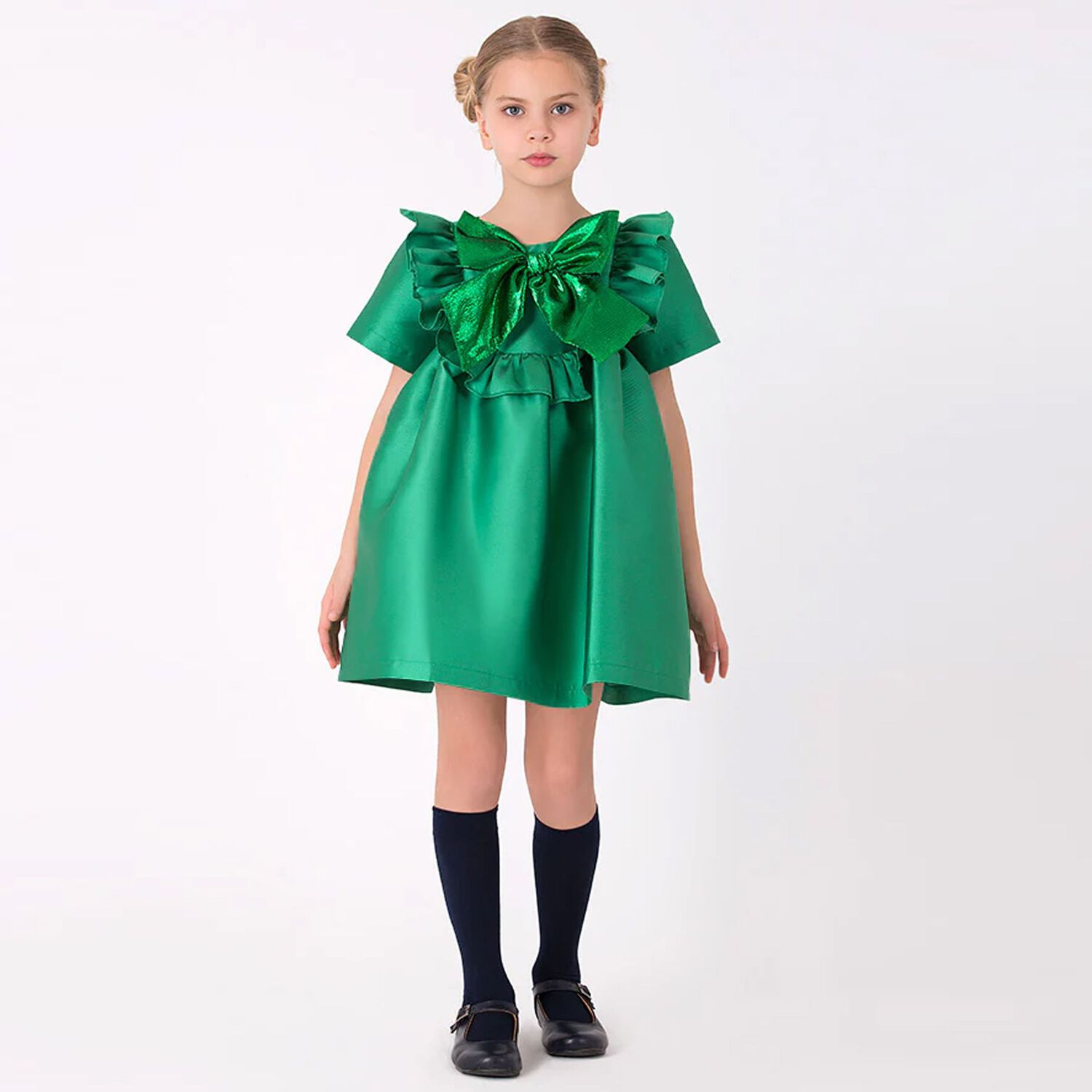 Girls Green Bow Satin Dress, 1, hi-res image number null