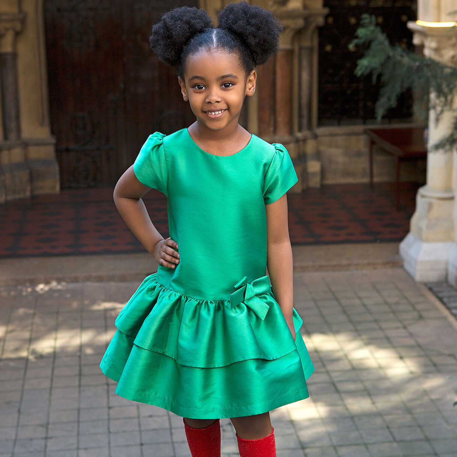 Girls Green Satin Bow Dress, 1, hi-res