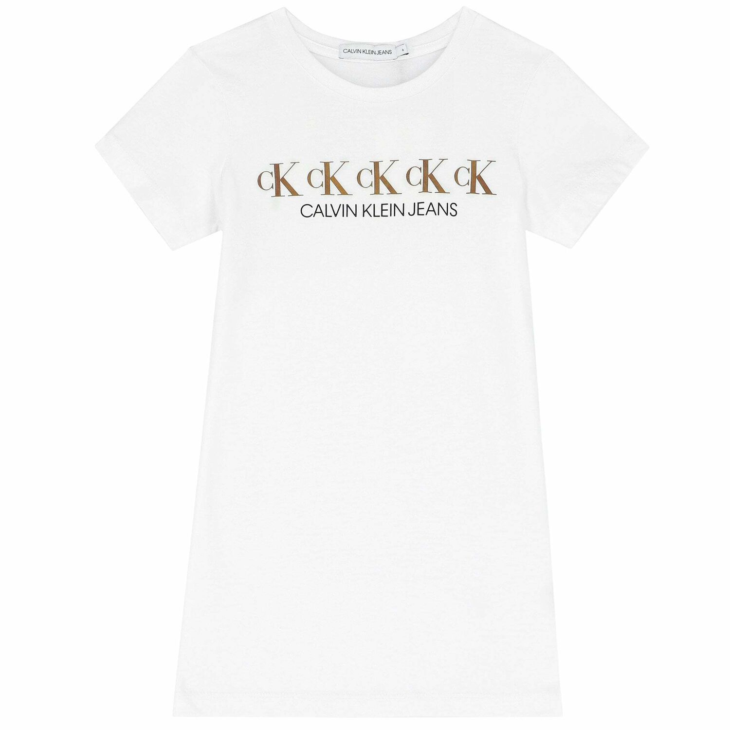 Girls White & Gold Logo Dress, 3, hi-res