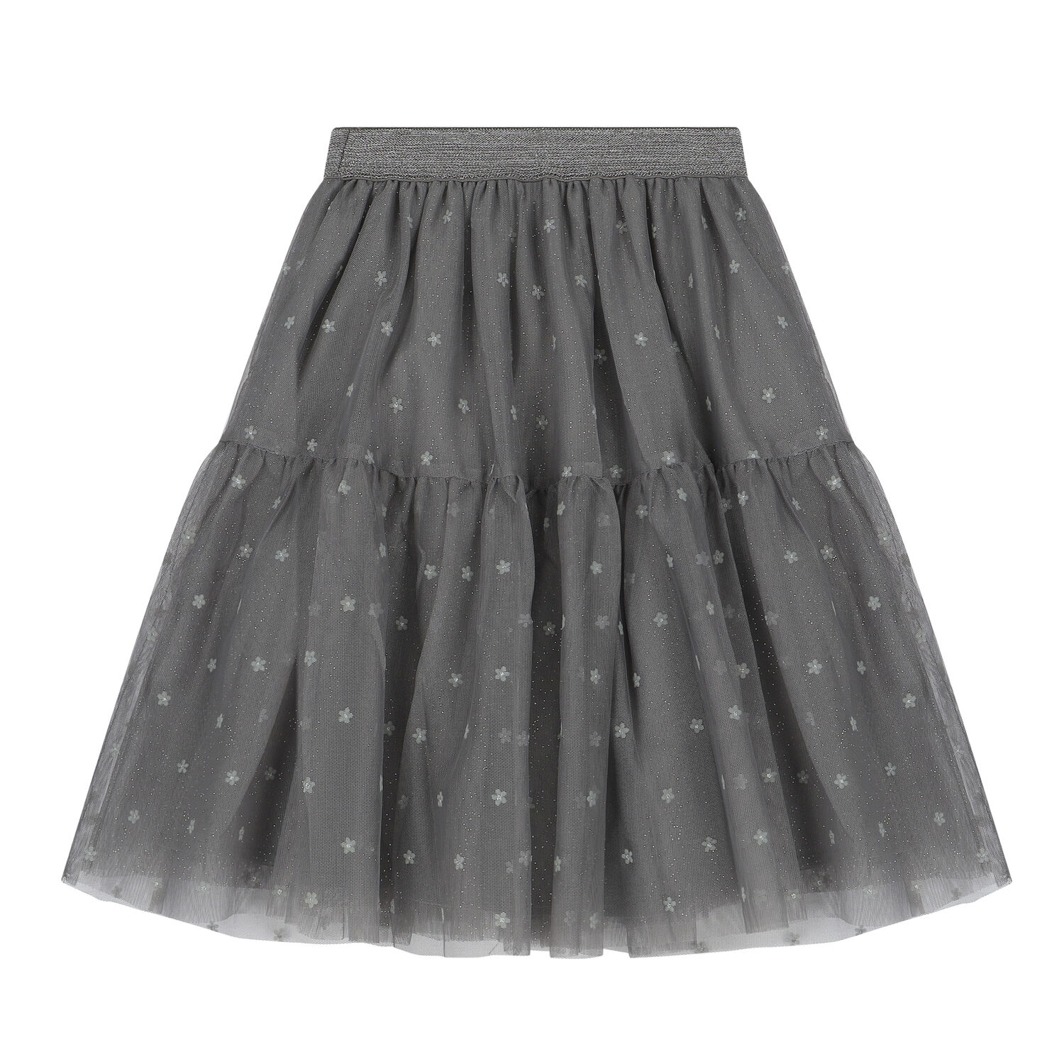 Girls Grey Flower Tulle Skirt, 1, hi-res