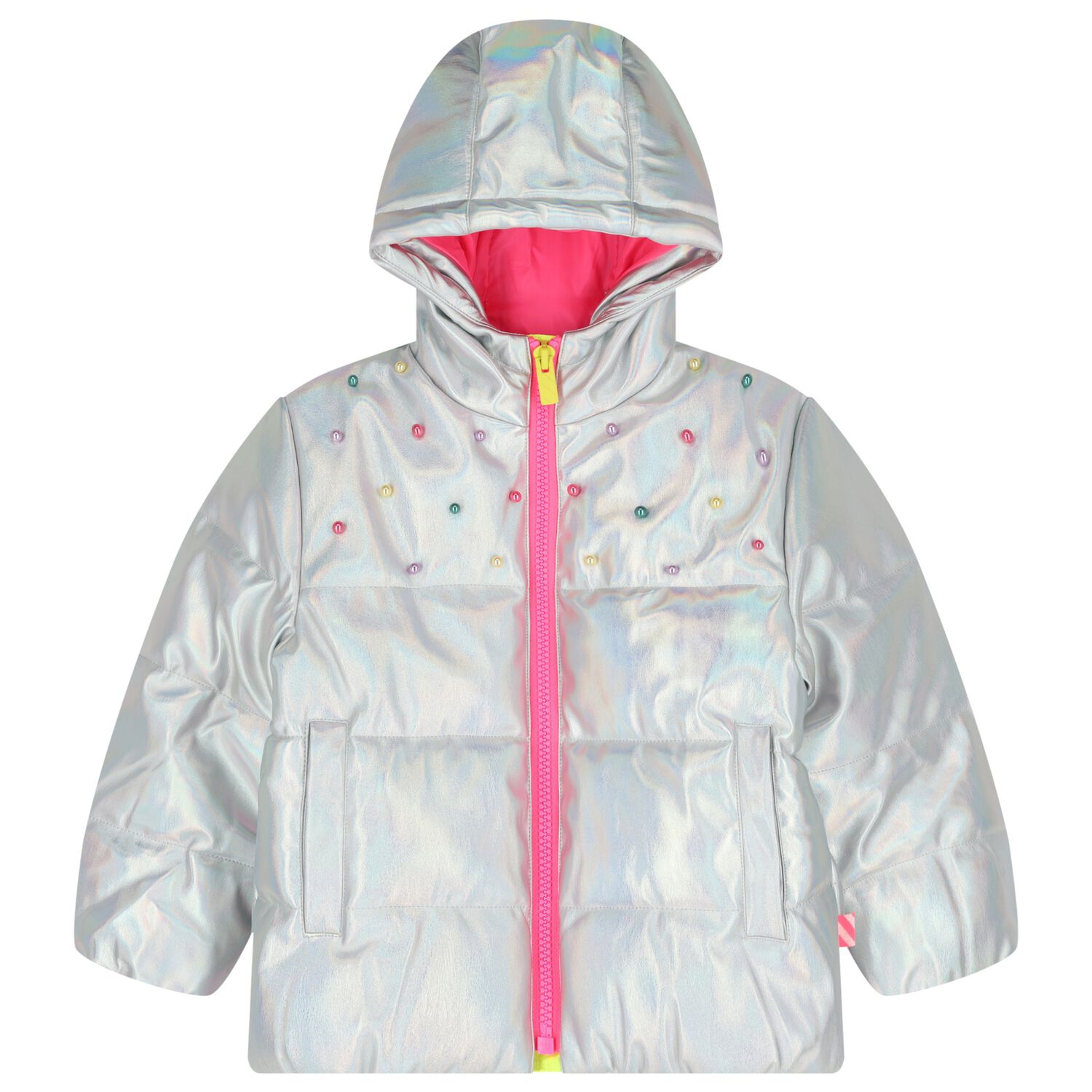 Girls Silver Iridescent Puffer Jacket, 1, hi-res
