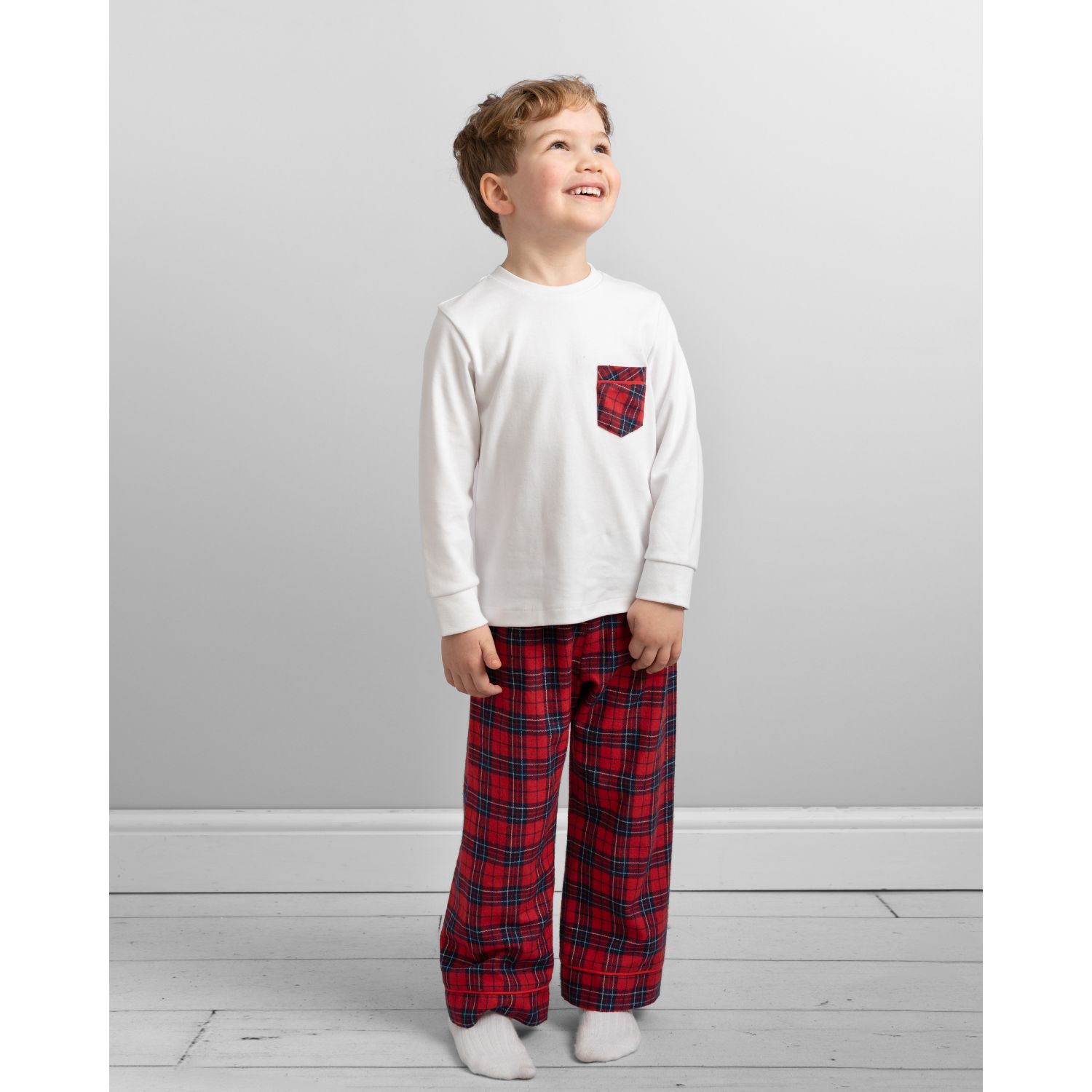 Boys White & Red Tartan Check Pyjamas, 1, hi-res image number null