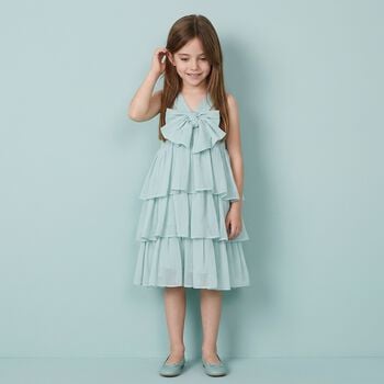 Girls Blue Bow Tiered Dress