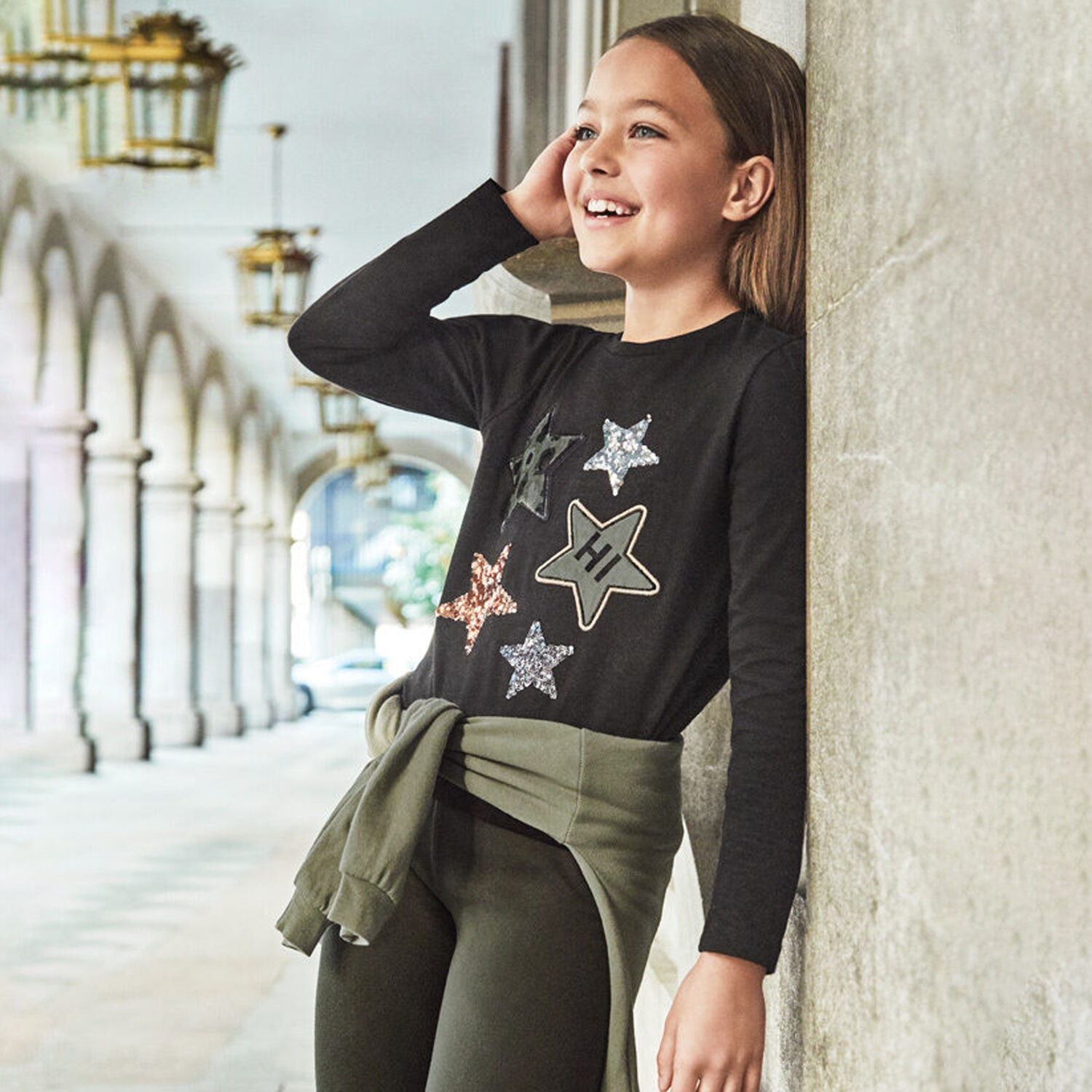 Girls Black Embellished Stars Long Sleeve Top, 1, hi-res