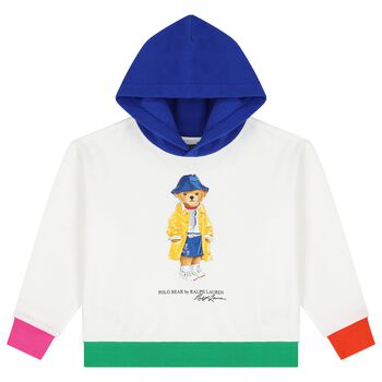 Girls White Polo Bear Hooded Top