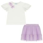 Girls White & Lilac Floral Tulle Skirt Set, 2, hi-res