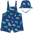 Baby Boys Blue Dinosaur Dungaree & Hat Set, 1, hi-res