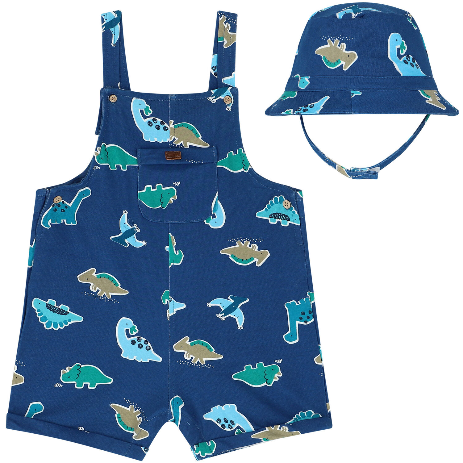 Baby Boys Blue Dinosaur Dungaree & Hat Set, 1, hi-res