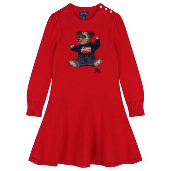 Girls Red Polo Bear Knitted Dress